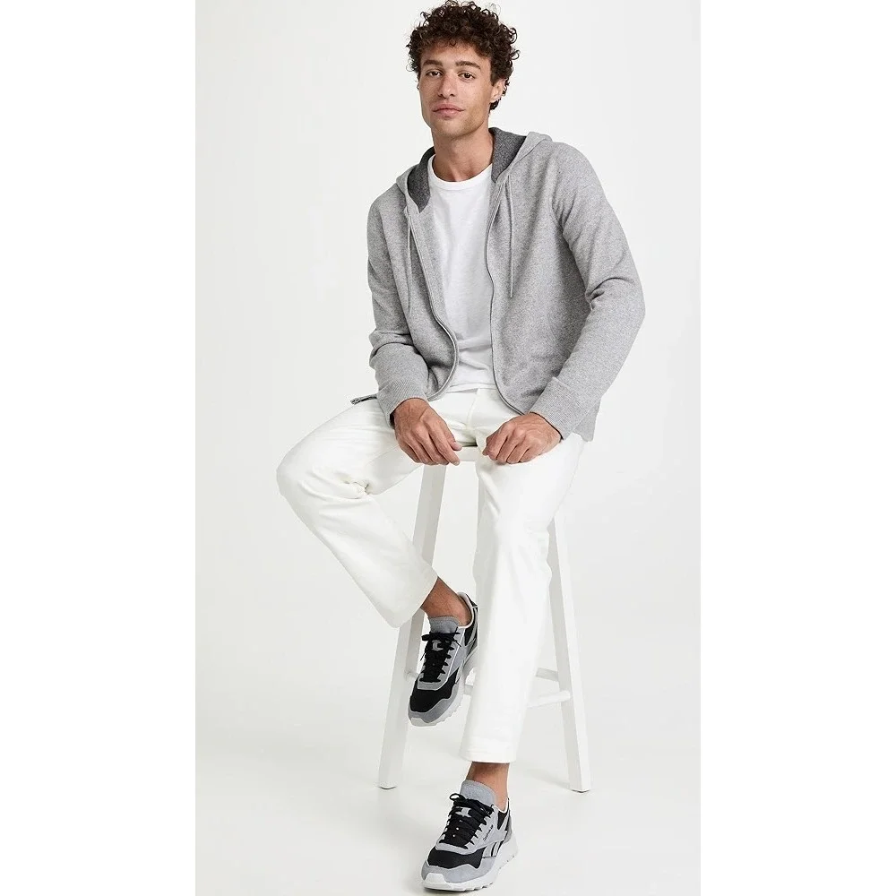 Vince Men's 100% Cashmere Full Zip Hoodie Heather Grey Sweater Classic Preppy S